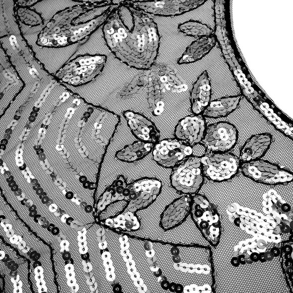 Women's Black Silver 1920s Shawl Sequin Beaded Art Evening Cape Tassel Shawls - Picture 5 of 6